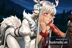 1girl absurdly_long_hair ai_assisted ai_generated anime_screencap blood_splatter campsite close_up firelight flaccid_penis frowning high_quality juliet_sleeves kiriko_(overwatch) kneeling leaning_forward long_sidelocks long_sleeves looking_at_penis night outside slight_blush solo standing upper_body white_dress white_robe