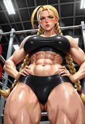 1girls abs ai_generated athletic_female big_breasts blonde_hair blue_eyes blushing_female braided_hair braided_pigtails cammy_white capcom cleavage curvaceous curvy_female eyes female female_only gym gym_clothes hand_on_hip hourglass_figure large_breasts light-skinned_female light_skin muscle_mommy muscular_arms muscular_female muscular_thighs pigtail_braids pigtails street_fighter sweating thick thick_thighs thunder_thighs voluptuous voluptuous_female weights wide_hips