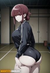 1girl ai_generated ass ass_focus bangs black_legwear black_sports_bra black_sports_shorts boosty breasts curvy female gym gym_clothes gym_clothing gym_shorts gym_uniform hi_res high_resolution highres huge_ass huge_breasts large_ass large_breasts night pantyhose red_eyes red_hair smoking smoking_cigarette super_no_ura_de_yani_suu_futari tayama_(super_no_ura_de_yani_suu_futari) thick_thighs