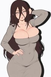 1girls 2d 2d_(artwork) big_breasts blush boruto:_naruto_next_generations breasts brown_hair cleavage curvy curvy_female dress female female_only grey_dress huge_breasts hyuuga_hanabi large_breasts light-skinned_female long_hair looking_at_viewer nail_polish naruto naruto_(series) seductive seductive_eyes seductive_look shadow solo voluptuous_female waifuinvoker white_background wide_hips