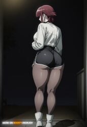 1girl ai_generated ass ass_focus bangs black_legwear boosty boots breasts curvy dolphin_shorts female hi_res high_resolution highres huge_ass huge_breasts large_ass large_breasts night pantyhose red_eyes red_hair smoking smoking_cigarette super_no_ura_de_yani_suu_futari tayama_(super_no_ura_de_yani_suu_futari) thick_thighs white_boots white_shirt