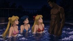 ai_generated bikini dark-skinned_male interracial multiple_females night sailor_mercury sailor_moon sailor_venus water