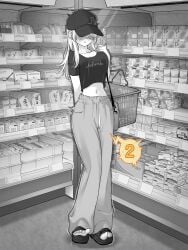 2025 bag bent_back blush breasts collarbone commentary commentary_request crop_top crying dropped_object female female_orgasm full_body greyscale groceries grocery_store hat highres holding implied_vibrator indoors jewelry kakuremino7928 large_breasts long_hair monochrome navel necklace open_toe_shoes orgasm original pants platform_footwear platform_heels public public_humiliation public_indecency pussy_juice_stain remote_control_vibrator sandals sex_toy shirt shopping shopping_basket short_sleeves shoulder_bag solo spoken_blush spoken_squiggle spread_legs squiggle standing supermarket sweatpants toes trembling variant_set vibrator
