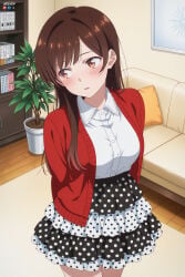 1boy 1girl absurdres adult ai_assisted ai_generated arms_behind_back big_breasts black_skirt blush breasts brown_eyes brown_hair cardigan chizuru_mizuhara couch female frilled_skirt general heeven highres indoors kanojo_okarishimasu large_breasts layered_skirt long_hair looking_away looking_to_the_side male mature mizuhara_chizuru patreon patreon_username perfect_body plant polka_dot polka_dot_skirt potted_plant sensitive shirt skirt solo uncensored white_shirt