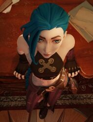 3d arcane belly belly_button belt blue_eyes blue_hair desk gloves jinx_(league_of_legends) league_of_legends leaning_on_object saltyu staring_at_viewer tattoos tired_eyes