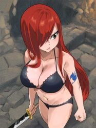 1girl arm_tattoo big_breasts black_bra black_panties blush blush_lines blushing bra breasts brown_eyes cleavage clenched_hand closed_mouth collarbone commentary english_commentary erza_scarlet fairy_tail fairy_tail_logo from_above gaston18 hair_over_one_eye highres holding holding_sword holding_weapon katana large_breasts long_hair navel panties red_hair solo sword tattoo underwear underwear_only walking weapon