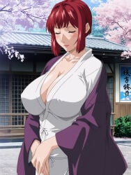 1girls ai_generated alternate_breast_size alternate_hair_length alternate_hairstyle bible_black bible_black_new_testament big_breasts blunt_bangs blush bob_cut breasts busty calm child_bearing_hips cleavage closed_eyes curvaceous curvy curvy_female curvy_figure enigmata erect_nipples erect_nipples_under_clothes female front_view hourglass_figure huge_breasts japanese_clothes japanese_clothing kimono light-skinned_female light_skin lipstick makeup mature mature_body mature_female milf nipple_slip no_bra no_bra_under_clothes no_panties obi oppai outdoors pinup polite red_hair revealing_clothes sagging_breasts sash seductive_eyes seductive_look seductive_smile shin_bible_black short_hair shrine takashiro_hiroko temple v_arms voluptuous wafuku wide_hips