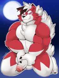 1boy anthro belly foreskin fur furry holding humanoid_penis kneeling large_penis looking_at_viewer lycanroc male male_only midnight_lycanroc moon muscular night nintendo nude penis pink_eyes pokémon_(species) pokemon pokemon_sm red_fur red_sclera schwarzfox sky smile solo tail testicles text thick_thighs uncut white_fur