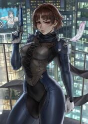 1girl 1girls detailed_background goddess_of_victory:_nikke gun leather leather_clothing mint_(nikke) mirco_cabbia persona_5 red_eyes revolver sciamano240 short_hair solo solo_female