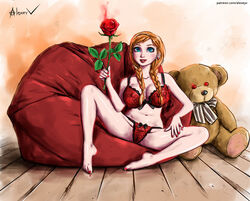 alexeyv anna_(frozen) disney female frozen_(film) lingerie red_toenails sitting solo stuffed_bear