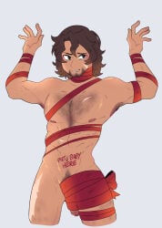 body_hair brunette brunette_hair chest_hair dilf epic_the_musical facial_hair implied_mpreg lovemonkey malesub odysseus odysseus_(epic_the_musical) penis penis_tip ribbon ribbons submissive_male tip words words_on_body