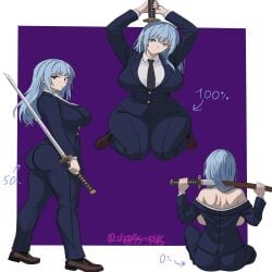 ass blue_hair jujutsu_kaisen kasumi_miwa katana maris_(artist) miwa_kasumi purple_eyes school_uniform suit sword