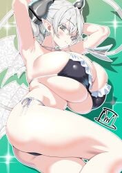1girl absurdres armpits arms_up ass bare_arms bare_shoulders bikini black_bikini blush breasts cleavage closed_eyes commentary_request cowboy_shot crossed_bangs demon_girl demon_horns demon_wings double-parted_bangs drill_hair duel_monster earrings facing_viewer frilled_bikini frills front-tie_bikini_top front-tie_top full_cleavage glint grey_hair grey_horns hair_between_eyes hands_up highres horns huge_breasts jewelry lovely_labrynth_of_the_silver_castle low_wings navel open_mouth pointy_ears sideboob signature skindentation smile solo standing stomach swimsuit tail tama_amata twin_drills underboob wings yu-gi-oh!