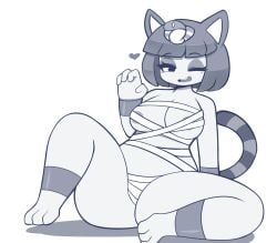 1girls 2018 animal_crossing ankha ankha_(animal_crossing) bandages breasts claw_pose cleavage egyptian_mythology feline female female_only fur furry heart hearts_around_head monochrome nintendo nipple_peek nipples pinkcappachino short_hair sitting thick_thighs thighs white_background wink winking