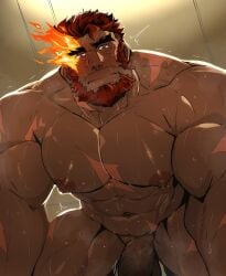 balls bara beard blush facial_hair flaccid gay hephaestus_(tokyo_afterschool_summoners) kaeru333938123 male male_only muscles muscular musk nude penis scars solo solo_male sweat sweating tokyo_afterschool_summoners