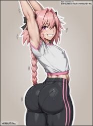 1boy 2d ai ai_art ai_assisted ai_generated androgynous arms_up ass ass_focus astolfo_(fate) athletic athletic_femboy back_view big_ass braided_hair clothed clothing fate_(series) femboy femboy_focus femboy_only feminine_male gym_clothes leggings looking_at_viewer looking_back male nipples_outline pink_eyes pink_hair ribbon round_ass simple_background smiling smiling_at_viewer solo stretching thick thick_ass thick_legs thick_thighs thighs warbeastinc. wide_hips wide_thighs