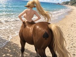 ai_generated beach blonde_hair centaur centorea_shianus monster_musume_no_iru_nichijou ocean qos qos_tattoo queen_of_spades