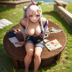 1girls 2023 ai_generated airani_iofifteen anime_nose breasts breasts_out clothed_female from_above hololive hololive_indonesia katakage nipples outside pink_hair purple_eyes sitting stable_diffusion virtual_youtuber white_hair