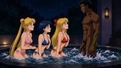 ai_generated bikini dark-skinned_male interracial multiple_females night sailor_mercury sailor_moon sailor_venus water