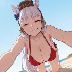 ai_generated aiyor beach big_breasts bikini bikini_top cleavage clothed crawling dominant first_person_perspective first_person_view gold_ship_(umamusume) hanging_breasts horse_ears horse_girl large_breasts looking_at_viewer mischievous_smile public umamusume umamusume_pretty_derby