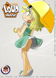 1girls ass blonde_hair blue_eyes closed_mouth clothing dress earrings exposed_ass eyelashes eyewear_on_head female frilled_dress frills going_commando green_dress grey_background holding_umbrella jewelry legs leni_loud long_hair looking_down no_panties sandals sleeveless solo standing sunglasses sunglasses_on_head the_loud_house umbrella wardrobe_malfunction wind wind_lift