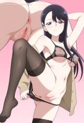 1girl ai_assisted ai_generated anime_screencap anus armpit bare_shoulders belly_button black_lingerie black_thigh_socks bra_slip cardigan close_up earrings feet girl jewelry leg_up lingerie looking_at_viewer naked nipple nipples panty_pull pussy ring standing under_boob underwear_pull view_from_below