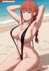 1girls ai_generated aindroidparanoid arms_behind_head beach black_sling_bikini chainsaw_man female_only kneeling long_hair long_red_hair looking_at_viewer makima_(chainsaw_man) ocean red_hair sand sling_bikini smile smiling smiling_at_viewer yellow_eyes