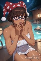 1girl ai_assisted ai_generated bath bathing bedroom black_lipstick blush brown_eyes brown_hair cowboy_shot dark_skin domino_mask dutch_angle elm_ederne gasping hand_to_mouth jester_cap kneeling_on_floor large_penis looking_at_penis looking_at_viewer looking_up_at_penis medium_breasts night onsen outdoors partially_submerged penis_awe rwby solo source_anime steam steam_censor surprised towel viewed_from_above water wet_towel white_facepaint white_gloves wooden_floor