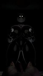 big_breasts black_body dark-skinned_female five_nights_at_freddy's holding_breast looking_at_viewer looking_down monster monster_girl naked_male nightbotgrey pov puppet_(fnaf) smile smile_at_viewer thick_thighs