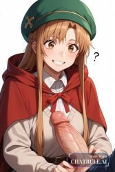 1girl age_difference ai_assisted ai_generated asuna_(sao) brown_eyes brown_hair cable_knit cape chestplate cock_shock collared_dress confused curvy fear girl green_hat grey_cardigan huge_balls huge_penis long_sleeves pink_dress scared size_difference smile source_anime sword_art_online upper_body vaginal_penetration weird white_background yuuki_asuna