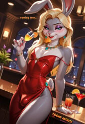 ai_generated anthro blonde_hair bracelet bugs_bunny bulge cocktail cocktail_dress crossdressing cute dress femboy flat_chest furry grey_fur horny_cultist_artist looney_tunes makeup necklace patreon red_lipstick safe_for_work trap warner_bros warner_brothers