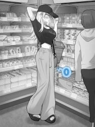 2025 bag bent_back blush breasts collarbone commentary commentary_request crop_top crying dropped_object female female_orgasm full_body greyscale groceries grocery_store hat highres holding implied_vibrator indoors jewelry kakuremino7928 large_breasts long_hair monochrome navel necklace open_toe_shoes orgasm original pants platform_footwear platform_heels public public_humiliation public_indecency pussy_juice_stain remote_control_vibrator sandals sex_toy shirt shopping shopping_basket short_sleeves shoulder_bag solo spoken_blush spoken_squiggle spread_legs squiggle standing supermarket sweatpants toes trembling variant_set vibrator