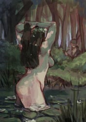 alexander_hamilton_(hamilton_musical) ass ass_focus bathing black_hair caught caught_naked eliza_schuyler_(hamilton_musical) hamilton_musical lake long_hair nature nature_background nude nude_female nudity nymph sideboob skinny_dipping watch watched