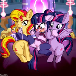 2016 3girls absurd_res alicorn anibaruthecat blush embarrassed equestria_girls equine eyewear feathered_wings feathers female female_only friendship_is_magic furry glasses grin group highres hooves horn indoors mammal multicolored_hair multicolored_tail my_little_pony one_eye_closed open_mouth panties pony princess_twilight_sparkle_(mlp) purple_feathers pussy sci-twi selfcest skirt spread_legs spreading square_crossover sunset_shimmer sweat twilight_sparkle_(mlp) two_tone_hair underwear unicorn wide_eyed wings yuri