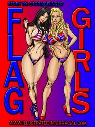 2girls american_flag american_flag_bikini bikini blonde_hair breasts confederate_flag confederate_flag_bikini english_text female female_only flag flag_bikini illustrated-interracial large_breasts multiple_girls national_personification southern text