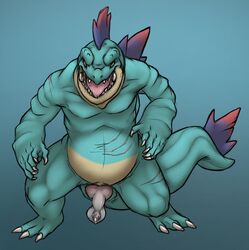 1boy 3_toes alligator anatomically_correct anatomically_correct_penis animal_genitalia belly blue_background claws cloaca crocodile crocodilian crocodilian_penis cum erection fangs feet feral feraligatr genital_slit looking_at_viewer male male_only nintendo no_nipples orange_eyes penis pokémon_(species) pokemon pokemon_gsc precum reptile scalie scar sharp_teeth simple_background slit solo standing tail teeth thick_thighs toe_claws toes tongue video_games yaroul