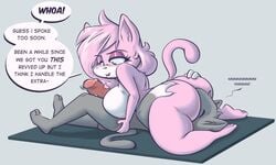 1boy 1girls 2016 69_position aeris_(vg_cats) anthro ass balls bedroom_eyes big_ass big_breasts breasts cunnilingus dialogue duo english_text erection feline female handjob huge_ass huge_breasts joelasko leo_(vg_cats) male mammal nude oral penis pink_fur pussy sex smile tail text vaginal_penetration vg_cats
