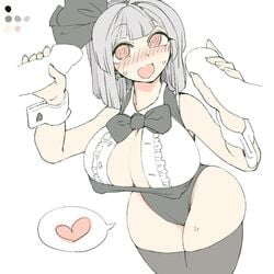 alternate_breast_size alternate_costume bangs black_legwear blunt_bangs blush bow breasts chiyoshi_(sevendw) cleavage cowboy_shot female grey_hair hairband handjob heart hips large_breasts limited_palette looking_up nose_blush open_mouth penis pink_eyes short_hair skindentation smile solo spoken_heart sweatdrop thick_thighs thighs toriga_naku touhou wrist_cuffs youmu_konpaku