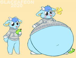 1boy 2020 animal_crossing anthro belly bottom_heavy cute expansion glaceafeon goat lazy male male_only nintendo overweight overweight_male pear sherb_(animal_crossing) solo_male