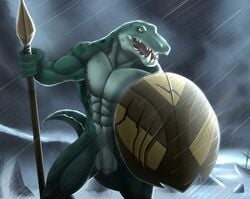 1boy 2016 abs balls biceps crocodile crocodilian male male_only marsel-defender melee_weapon muscular muscular_male navel nude open_mouth pecs penis polearm raining reptile scalie sea shield solo spear teeth warrior water weapon