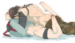 2boys anal ass bara barefoot beard blonde_hair brown_hair facial_hair gay glasses kazuhira_miller lying male_only metal_gear_(series) metal_gear_solid multiple_boys muscle nude scar venom_snake wince yaoi