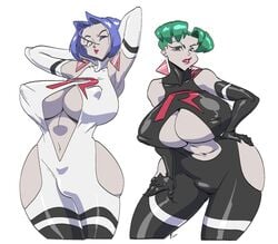 2futas alternate_breast_size big_breasts breasts bulge butch_(pokemon) cleavage feminine_male futa_only futanari huge_breasts james_(pokemon) jamie_(pokemon) kosaburou_(pokemon) large_breasts male_with_breasts massive_breasts multiple_futa nintendo nipple_bulge penis_bulge pokemon rule_63 slb team_rocket thick_thighs thighs voluptuous