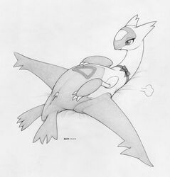 2016 anus claws ecmajor english_text female feral half-closed_eyes hi_res latias legendary_pokemon lying monochrome nintendo nude on_back pokemon pokemon_(species) pomf pussy ribbons signature smile solo text video_games wings