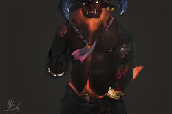 1boy 2015 anthro beads beard black_background black_nipples black_nose blue_horn body_hair bracelet brown_fur clothed clothing cock_ring demon ear_piercing empty_eyes facial_hair final_fantasy final_fantasy_x front_view fur glowing glowing_eyes half-length_portrait happy_trail horn ifrit ifrit_(final_fantasy) jewelry male male_only middle_finger navel necklace nipple_piercing nipples pants pants_pull penis penis_base piercing portrait signature simple_background solo square_enix standing tattoo tusks video_games zomacaius