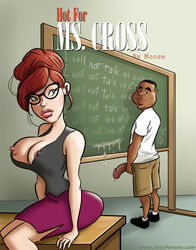 1boy 1girls big_penis breasts cum dark-skinned_male dark_skin english_text glasses green_eyes hair_bun interracial john_persons large_breasts moose_(artist) ms._cross nerd nerdy nerdy_female pink_lipstick red_hair teacher teacher_and_student