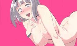 anna_nishikinomiya artist_request bangs bending_forward blunt_bangs breasts female heart-shaped_pupils large_breasts looking_at_viewer nipples pink_background shimoneta_to_iu_gainen_ga_sonzai_shinai_taikutsu_na_sekai short_hair solo tongue tongue_out white_hair