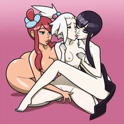 3girls elesa_(pokemon) elesa_(pokemon_bw2) female female_only fingering french_kiss human multiple_girls nintendo pink_background pokemon roxie_(pokemon) skyla_(pokemon) suplexpizza threesome yuri