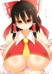 ... bow breasts facominn female hairbow highres huge_breasts imminent_paizuri japanese_clothes miko nipples paizuri_invitation reimu_hakurei ribbon solo touhou underboob