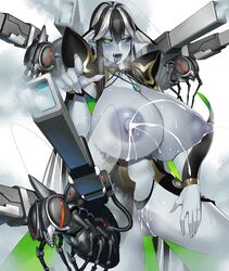 1girls areolae black_hair black_sclera blue_skin breasts drooling female green_eyes grey_skin heavy_breathing huge_breasts insects lactation long_hair machine milk nipples obui pointing pointy_ears robot saliva silver_hair smile solo sweat tagme taimanin_(series) taimanin_asagi taimanin_asagi_battle_arena tongue_out two_tone_hair wet white_background wisp_(taimanin_asagi)