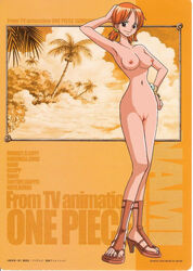 1girls armpits ass bare_legs bare_shoulders bracelet breasts brown_eyes character_name feet female female_only full_body hand_on_head hand_on_hip hips log_pose long_legs looking_at_viewer medium_breasts name nami nipples nude one_piece open_toe_shoes orange_background orange_hair pussy sandals shiny shiny_skin short_hair simple_background smile solo stomach text tied_hair toes twintails
